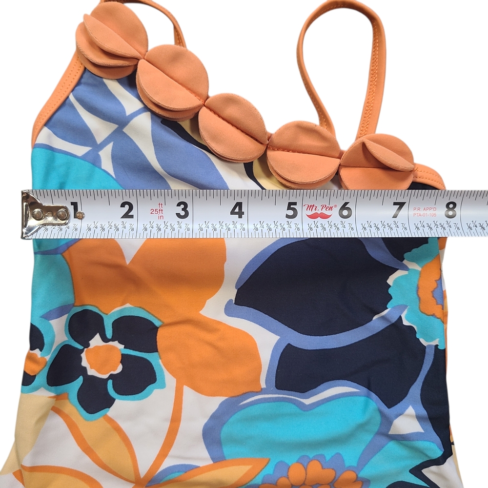 Gymboree Floral One Shoulder Swimsuit Girls 4 Blue Orange 3D Petal - Picture 5 of 8